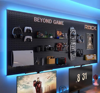 RGB Pegboard Wall Organizer with Smart IC LED Strip Lights, 2-Pack 12 x 24 Inch Heavy Duty Metal Peg Board with Hooks, DIY Gaming Room Setup Wall Mount Storage System