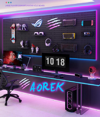 RGB Pegboard Wall Organizer with Smart IC LED Strip Lights, 2-Pack 12 x 24 Inch Heavy Duty Metal Peg Board with Hooks, DIY Gaming Room Setup Wall Mount Storage System