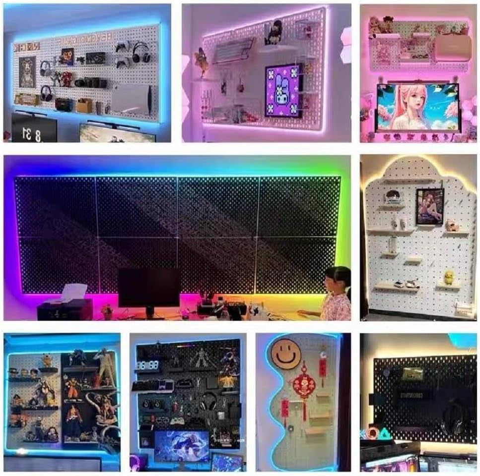RGB Pegboard Wall Organizer with Smart IC LED Strip Lights, 2-Pack 12 x 24 Inch Heavy Duty Metal Peg Board with Hooks, DIY Gaming Room Setup Wall Mount Storage System